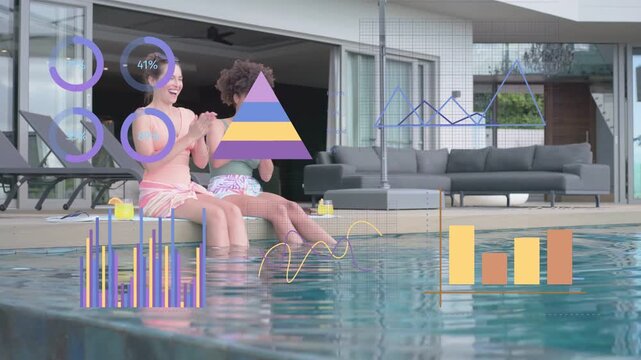 Two women sitting pool phone ping causing scrolling, checking bottle for health via animated charts
