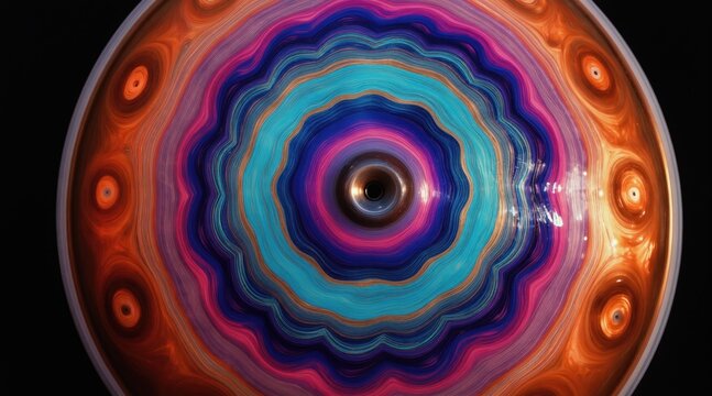 Close-up view of handpan instrument surface with colorful wavy abstract patterns. Circular design with vibrant concentric rings and dark center hole. Dynamic visual.