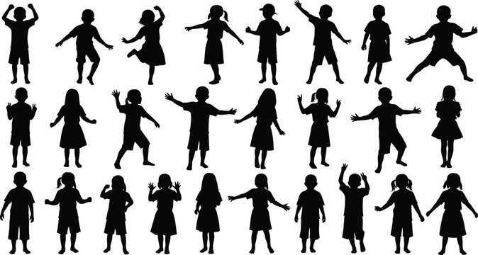 Silhouettes of children playing and waving isolated on transparent background diverse poses and activities depicted