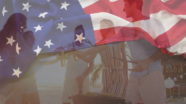Five adults raising bottle initiating group toast at lifestyle bbq flag overlay drifting over group