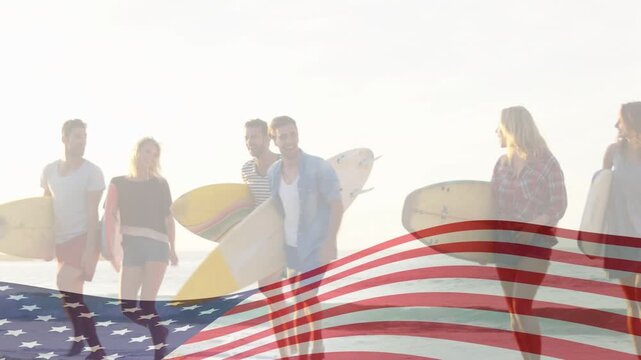 Six crew walking toward camera on sunlit beach with boards, US flag overlay waving, for travel