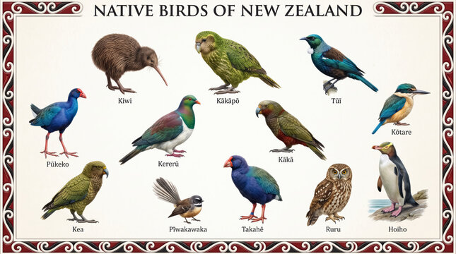 Native birds of New Zealand with Māori names and illustrated endemic species educational poster. 