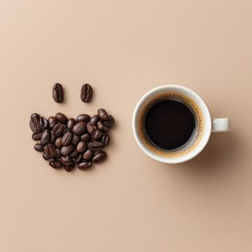 Minimal coffee bean smiley face with espresso cup as eye, playful flat lay composition, clean background, cafe branding concept