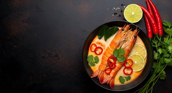 Shrimp Tom Yum Soup in a Black Bowl with Spices Flat Lay