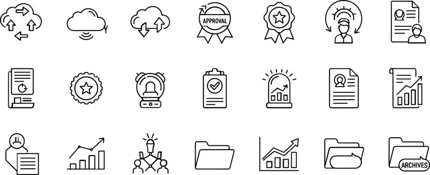 Cloud synchronization certification analytics dashboard document management outline vector icon set
