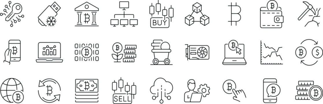 Cryptocurrency set of web icons in line style. Editable stroke. Bitcoin linear icon collection. Containing crypto currency, money, blockchain technology, mining, exchange, payment and more.