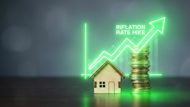 Inflation interest rate hike concept shown with wooden house stacked coin and glowing green arrow symbolizing rising financial costs economic changes growth impact on property value savings