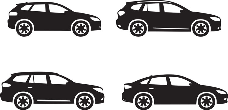 Set of car icons and vehicle silhouettes featuring various auto transport designs including sedan, SUV, and truck vector illustrations in black