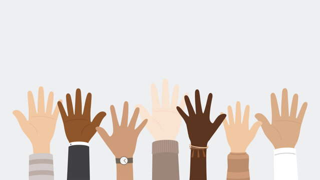 Flat design illustration of people with different skin colors raising their hands. Unity concept.
