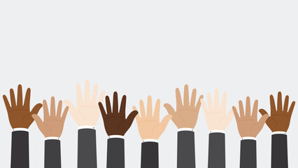 Fototapeta premium Flat design illustration of businessmen hand in suit raising their hands. Business concept.