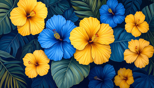 Vibrant Yellow and Blue Hibiscus Flowers Blooming Amidst Lush Green Foliage.
