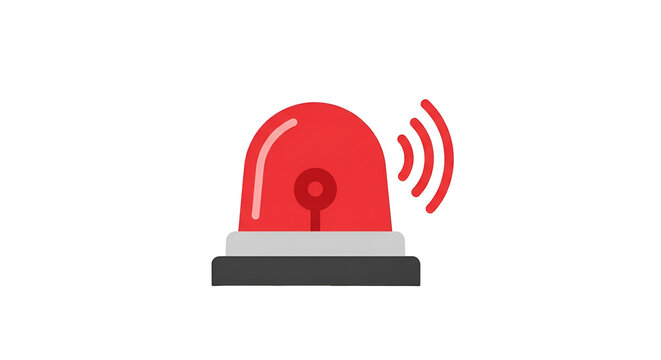 Red emergency flasher icon illustration; flashing siren graphic; alerting system design in cartoon style with sound waves on black background