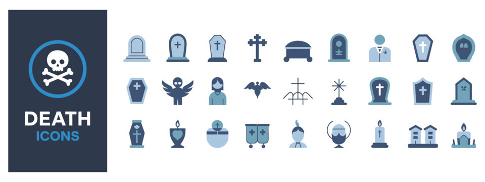 Death icons present skulls and memorial symbols in outline style