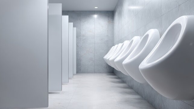Row of clean urinals with partitions in modern restroom showing hygiene, sanitation and public facility design