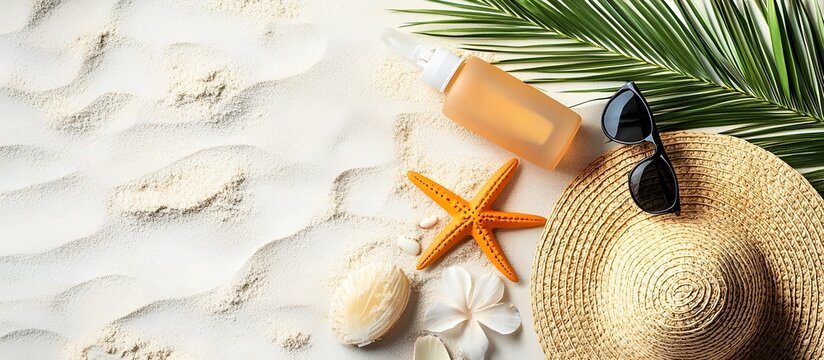 Summer vacation set: hat, sunglasses, and sunscreen bottle on an orange background with copy space.Composition with beach sand molds, sunscreen bottle, hat, and sunglasses on an orange background.