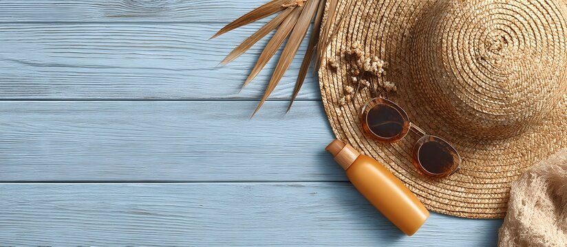 Summer vacation set: hat, sunglasses, and sunscreen bottle on an orange background with copy space.Composition with beach sand molds, sunscreen bottle, hat, and sunglasses on an orange background.