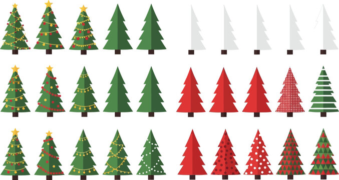 Collection of flat christmas trees with decorations and patterns flat green white yellow