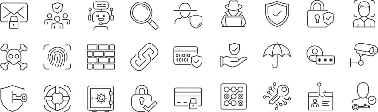 Security set of web icons. Editable Stroke. Cyber Security and internet protection icons for web and mobile app. Password, security system, finger print, spy, electronic key and more. 