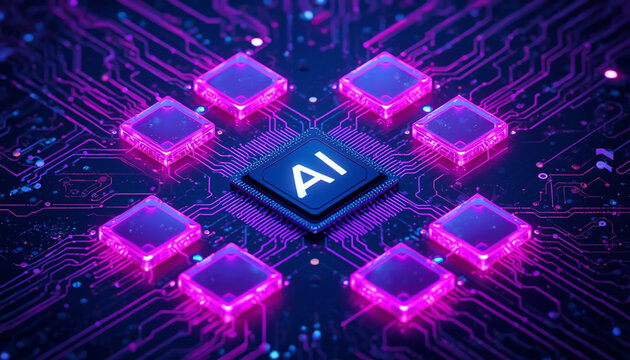 Artificial intelligence chip on glowing purple circuit board with multiple processing units representing deep learning and neural network development.