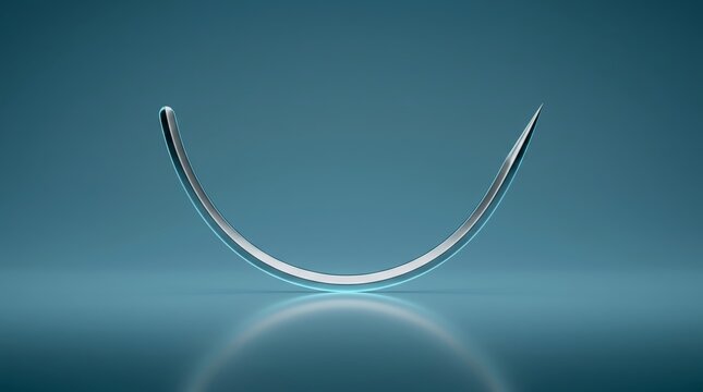 Curved surgical needle 3D render, suturing instrument visualization, medical stitching needle design, sterile surgical tool model, clinical wound closure equipment concept