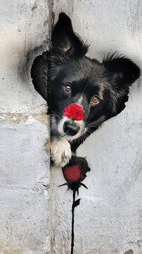 Cute Dog Hlding Flower Behind Wall 