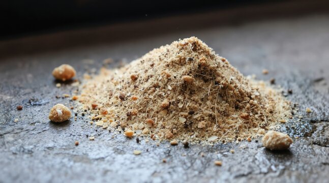 Pile of stale breadcrumbs on damp stone floor. Scattered remnants suggest scarcity and need for sustenance. Minimal food supply represents hardship and struggle for survival.