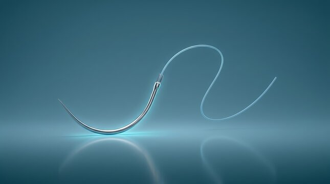 Surgical suture system 3D render, wound closure needle and thread visualization, medical stitching tool design, sterile suturing assembly model, clinical surgery training concept