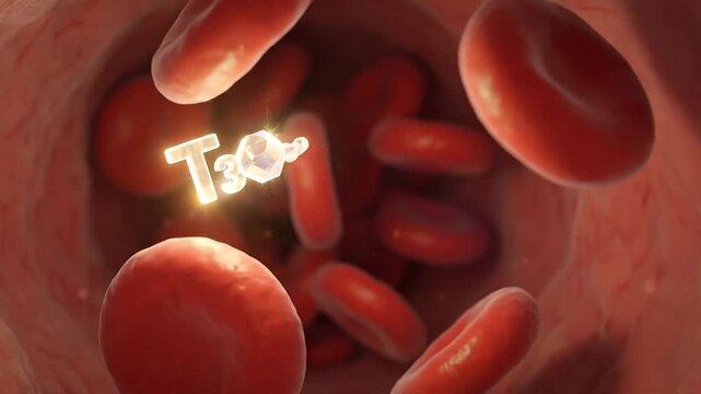 Thyroid hormone T3 and T4 circulate in blood supporting endocrine health and metabolism through detailed blood test measuring red cell circulation and overall health functions