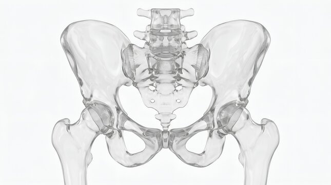 Transparent Human Pelvis Bone Anatomy 3D Illustration with Skeletal Details on White Background
