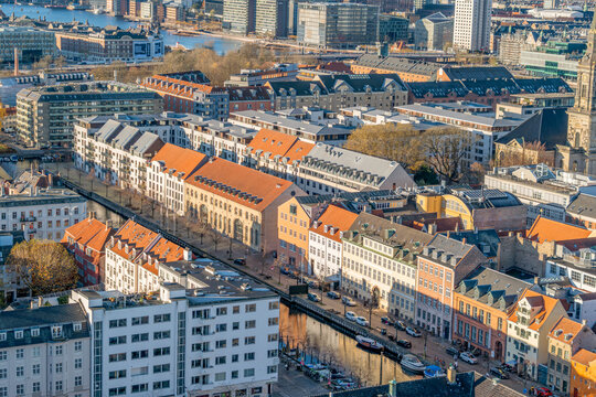 Aerial View of Christianshavn Canal and Colorful Buildings, Copenhagen, Denmark
