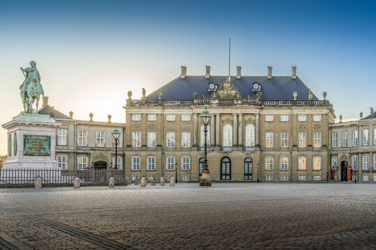 Amalienborg Palace (Amalienborg Slot) and King Frederick V Statue, Copenhagen, Denmark