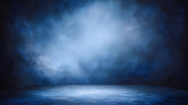 Mystical blue studio lighting background subtle texture cop adf bf luminous empty stage with soft fog and cool spotlighted floor creating atmospheric moody backdrop