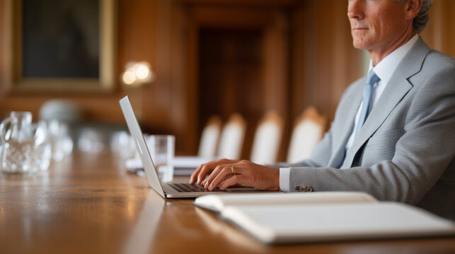 Board secretary records minutes on laptop during governance committee meeting, parliamentary procedure handbook open beside device, executive conference room with credenza holding water pitchers and