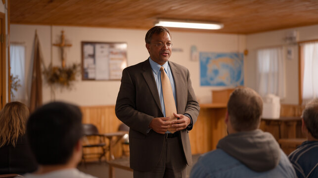Community public defender hosts a legal rights workshop in a church basement serving a low-income neighborhood, explaining arraignment procedures to a group of concerned parents seated in folding ch
