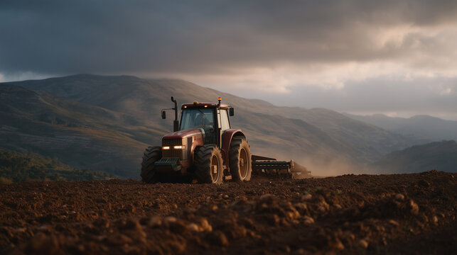 Gene edited blight resistant potato crop being harvested on a hillside field, an elderly farmer driving a two-row harvester, tubers tumbling across a sorting web conveyor, overcast dramatic sky thro