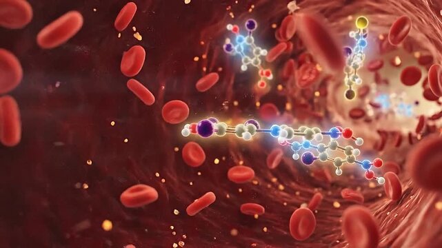 Thyroid hormone t3 and t4 molecules circulate blood vessels representing endocrine health with detailed blood test concept showing molecular structure and red blood cells supporting thyroid function