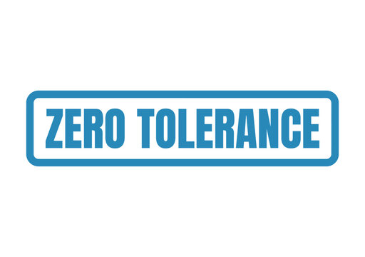 Blue stamp icon displaying zero tolerance text for strict policy enforcement and social justice advocacy in corporate environments