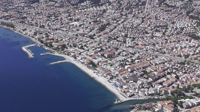 Aerial Drone View of Altinoluk Coast in Balikesir, Aegean Sea and Kaz Mountains Landscape Turkey