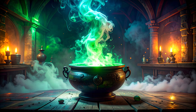 Mystical Cauldron Bubbling with Ethereal Green Potion in a Dimly Lit Alchemy Lab.