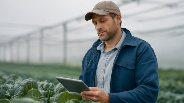 Frost alert notification dashboard glowing on a wall-mounted tablet inside a commercial greenhouse, a single agronomist in protective coveralls adjusting irrigation valves while rows of leafy vegeta