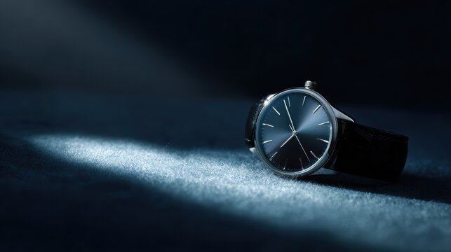 Single watch on dark background with spotlight and dramatic shadow, premium product ad style