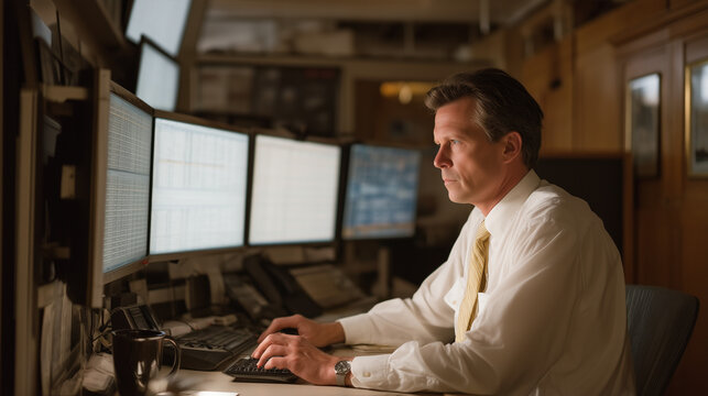 Forensic accountant seated alone before multiple monitors displaying flagged securities fraud transaction logs in federal building cubicle, coffee gone cold beside keyboard, printed spreadsheet anno