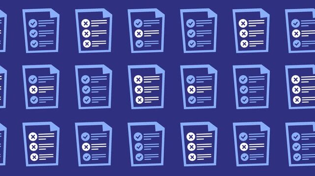 Seamless pattern of document checklists with checkmarks and cross icons for audit wallpaper. Abstract horizontal background animation for survey results, data verification, and task management.