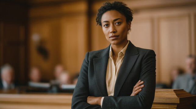 Defense attorney stands before a nervous witness on the stand in a wood-paneled courtroom, arms crossed and posture firm, while jurors lean forward attentively and a court reporter types steadily at