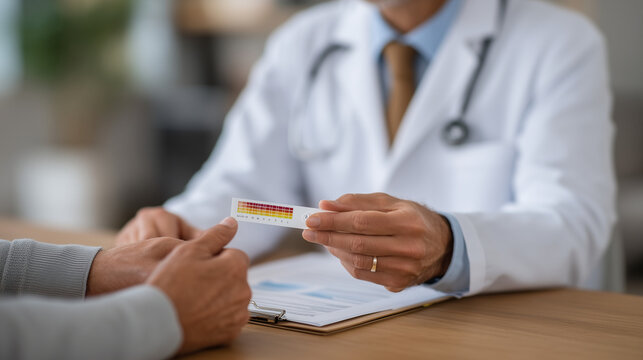 Epigenetics and lifestyle medicine physician presenting biological age test results to middle-aged patient in private consultation office, close up hands pointing to methylation clock data printout,