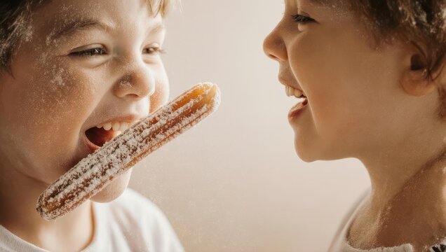 Two children playfully share a powdered dessert, joyfully laughing with flour dusted faces