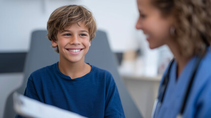 Fototapeta premium Pediatric hematology nurse practitioner administering CRISPR sickle cell therapy follow-up bloodwork to adolescent patient in cheerful clinical examination room, caring professional relationship vis