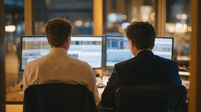 Financial crimes unit agents boxing physical evidence in securities fraud case at downtown brokerage office after hours, trading floor monitors still glowing behind them, IT forensics technician ima