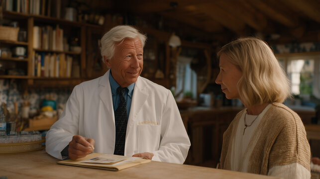Aging epigenetics researcher collecting saliva samples from elderly volunteer participant in modest home visit setting, gentle clinical interaction between scientist and senior citizen, portable gen