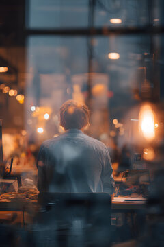 Young man sitting at desk in creative office with warm bokeh lights, soft focus background bustle dreamy prod de bfa